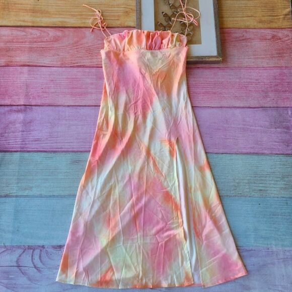 Princess Polly Pink Carsa Tie Dye Satin Tie Strap Midi High Slit Slip Dress 12US - Picture 7 of 12